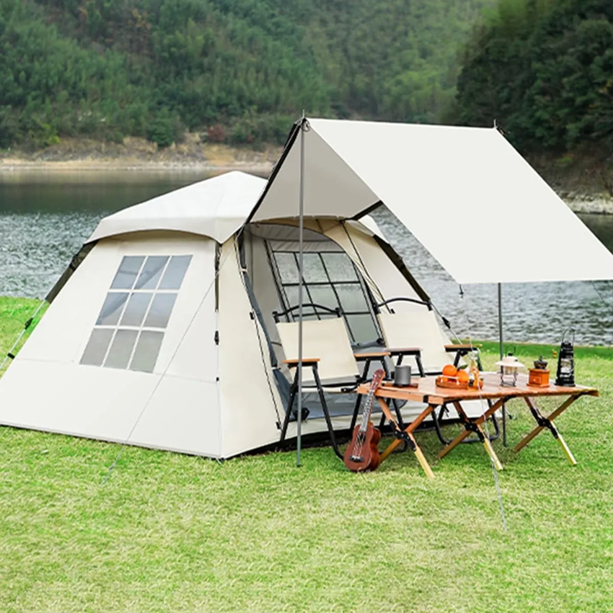 GIZNXBA 4-6 Person Camping Tent - Portable Easy Set Up Family Tent for Camping, Windproof Fabric Cabin Tent, Instant Pop Up Tent Outdoor for Hiking, Backpacking, Traveling