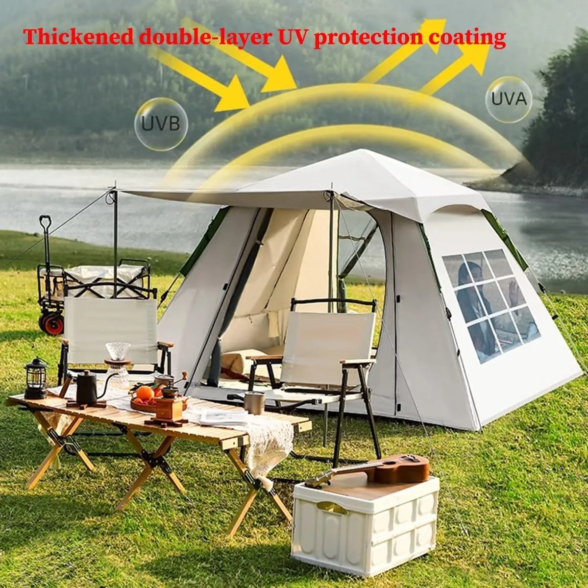 GIZNXBA 4-6 Person Camping Tent - Portable Easy Set Up Family Tent for Camping, Windproof Fabric Cabin Tent, Instant Pop Up Tent Outdoor for Hiking, Backpacking, Traveling