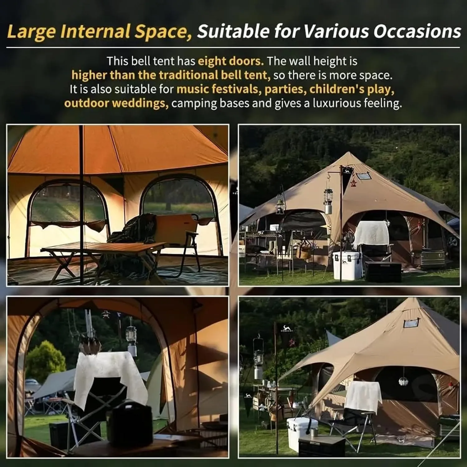 Glamping Tent - Waterproof Bell Tent w/Stove Jack for Family Camping in All Seasons Cotton Yurt Tent