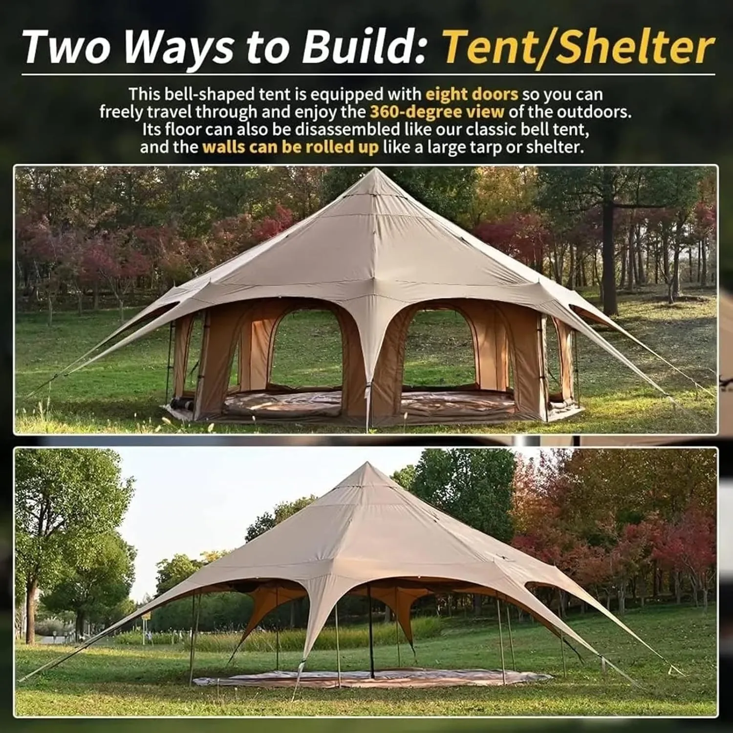 Glamping Tent - Waterproof Bell Tent w/Stove Jack for Family Camping in All Seasons Cotton Yurt Tent