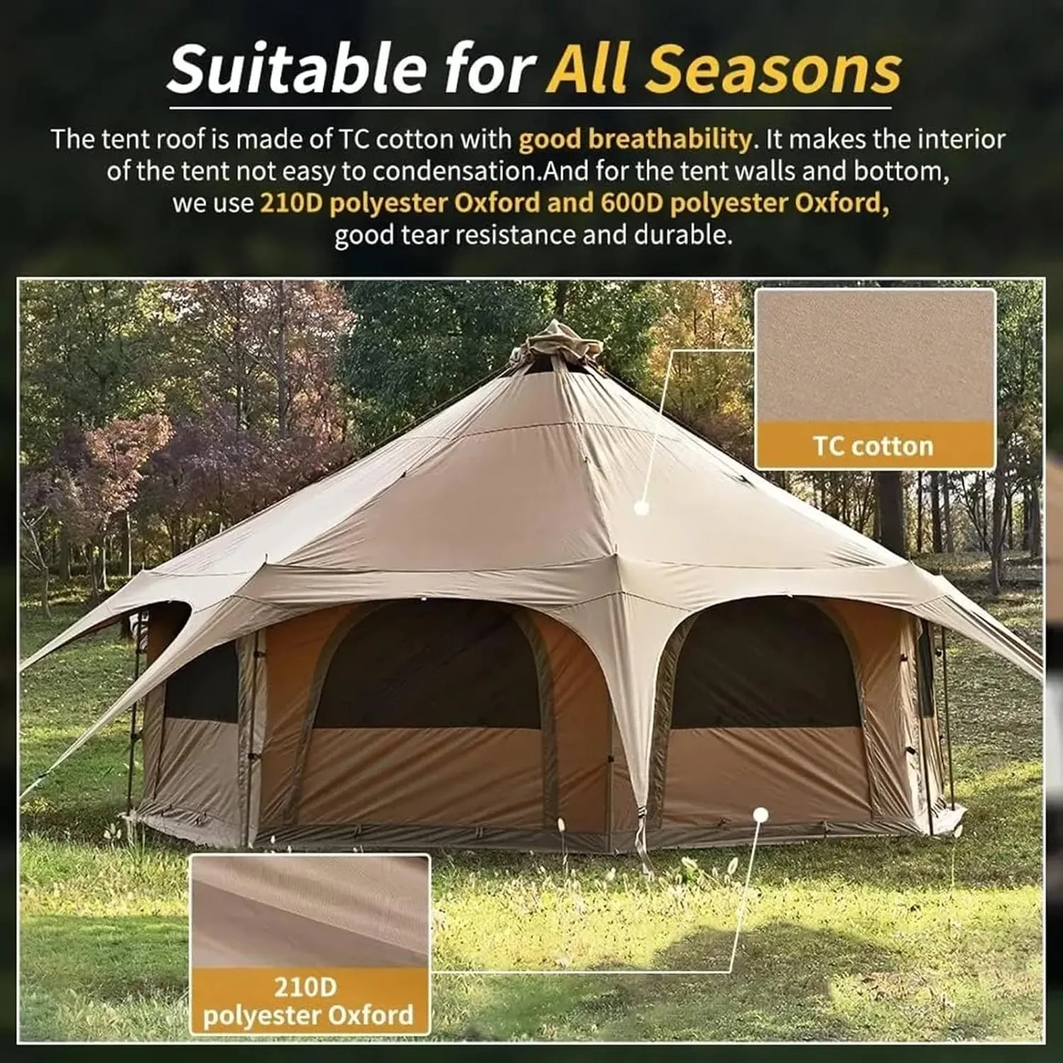 Glamping Tent - Waterproof Bell Tent w/Stove Jack for Family Camping in All Seasons Cotton Yurt Tent