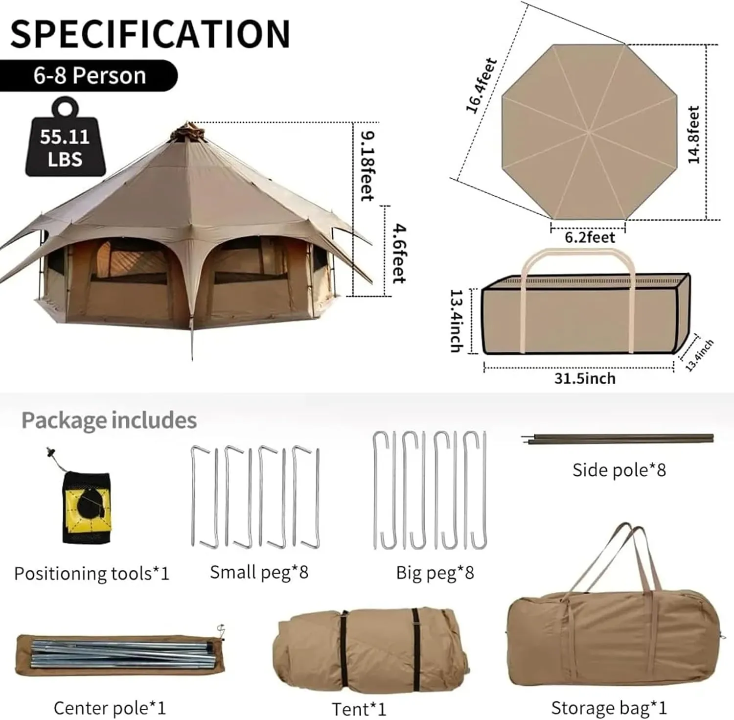 Glamping Tent - Waterproof Bell Tent w/Stove Jack for Family Camping in All Seasons Cotton Yurt Tent