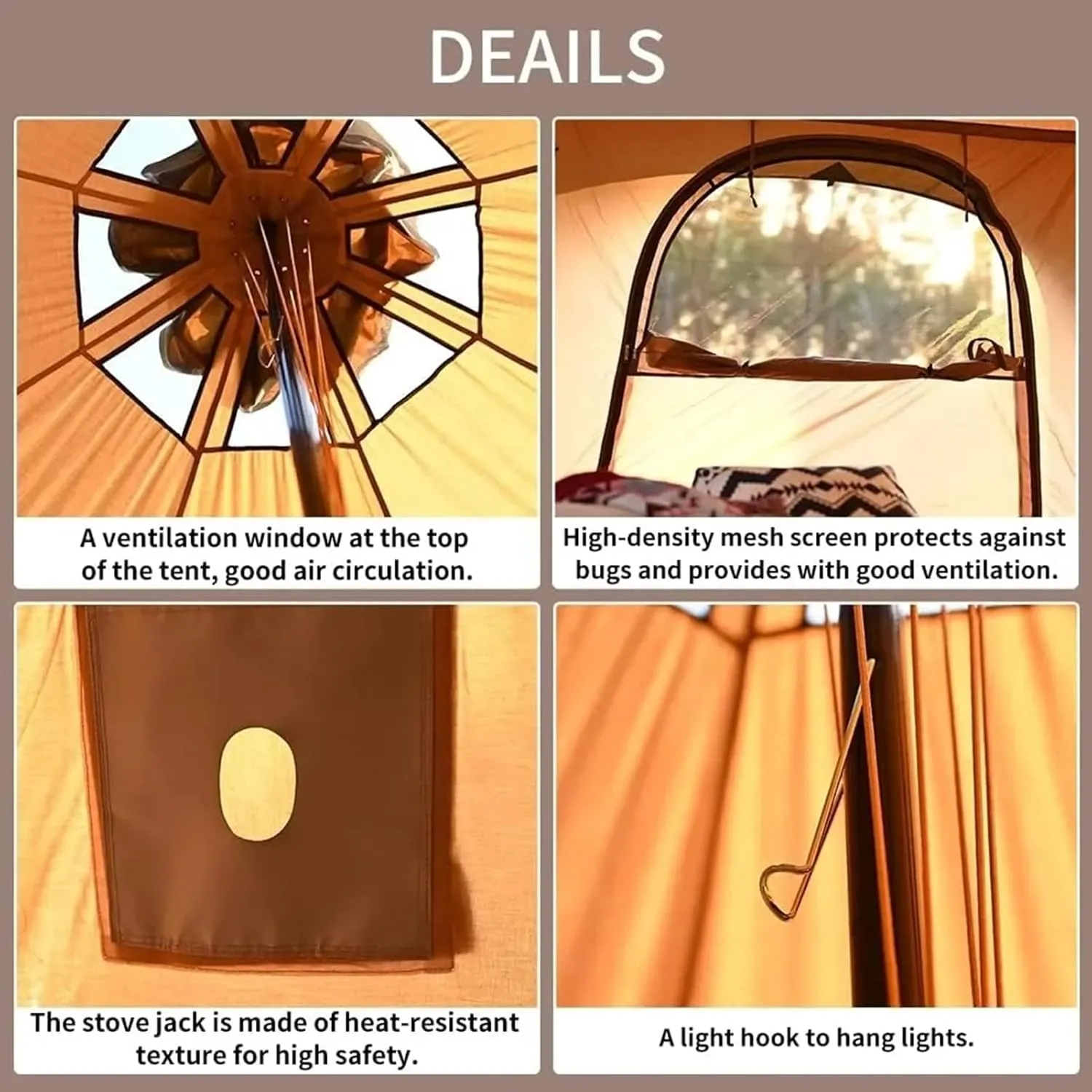 Glamping Tent - Waterproof Bell Tent w/Stove Jack for Family Camping in All Seasons Cotton Yurt Tent