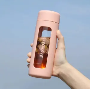 Glass Water Bottle with Tea Infuser - Double-Wall Borosilicate Glass with PP Shell, Leakproof, BPA-Free, Ideal for Hot & Cold Beverages, 460ml, Multiple Color Options (Blush Pink)