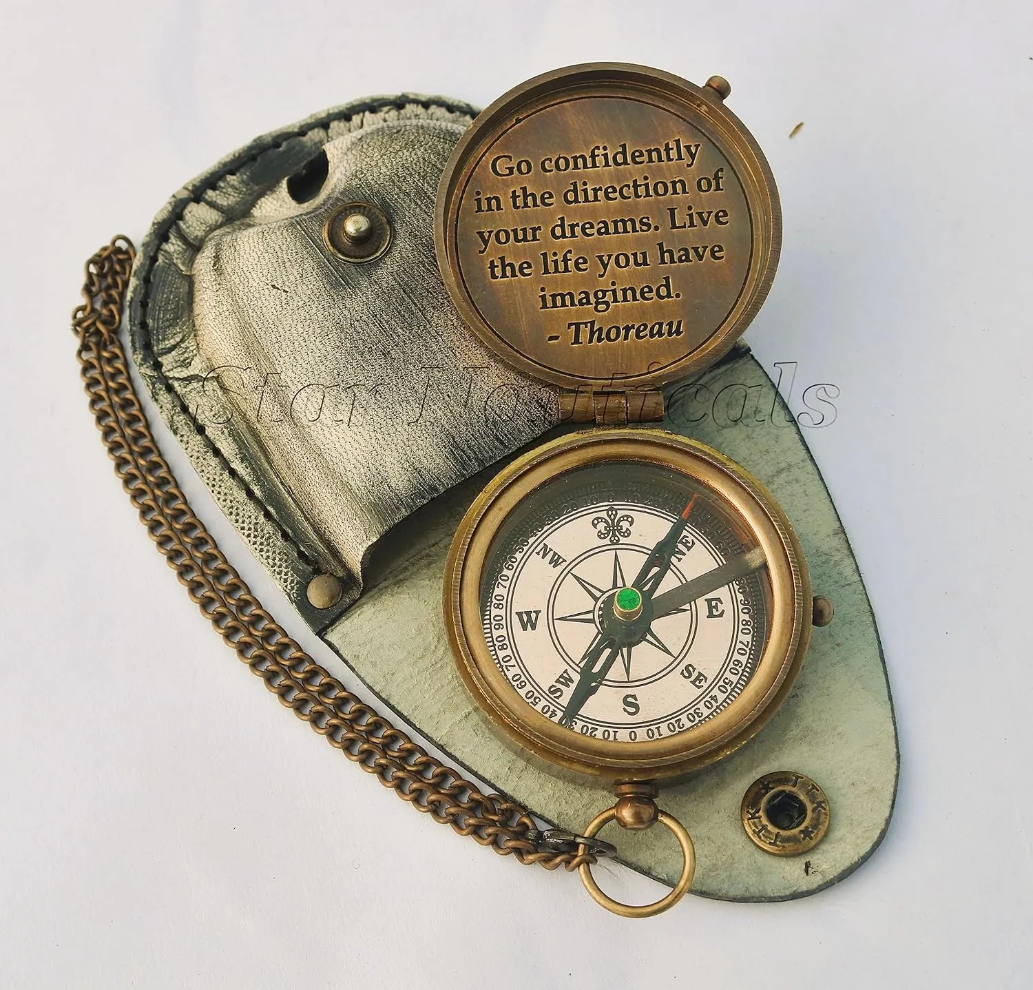 Go Confidently Antique Compass for Hiking and Survival- Waterproof Brass Nautical Pocket Compass with Leather,Case & Chain for Camping Hunting Climbing Exploring Geology Outdoor Activities (195)