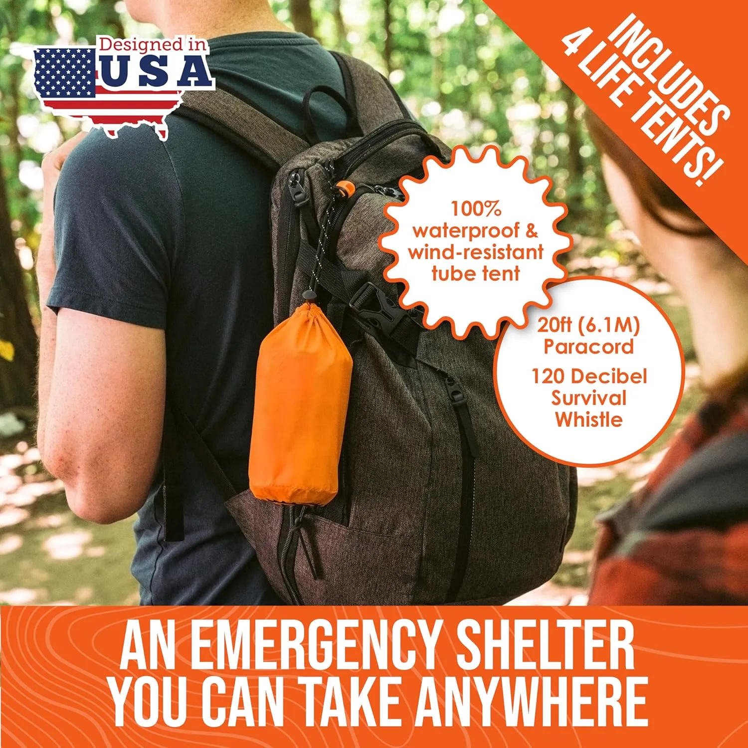 Go Time Gear Survival Life Tent • 2 Person Mylar Emergency Shelter Tube Tent   Paracord • All-Weather Protection for Camping, Hiking, & Survival Kits • Includes Emergency Whistle