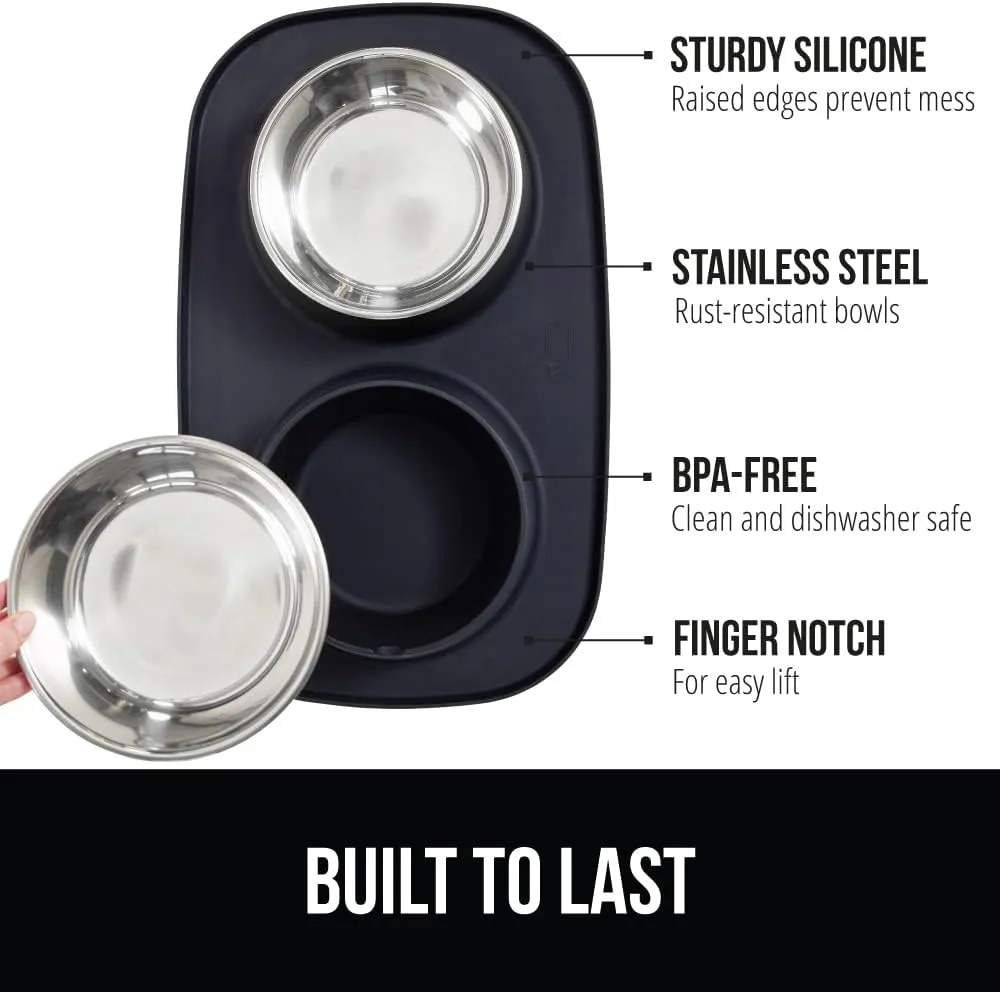 GORILLA GRIP Patent Pending 100% Waterproof BPA Free 4 Cup Cat and Dog Bowls Silicone Feeding Mat Set, Stainless Steel Bowl Slip Resistant Raised Edges, Catch Water, Food, Pet Accessories, Black