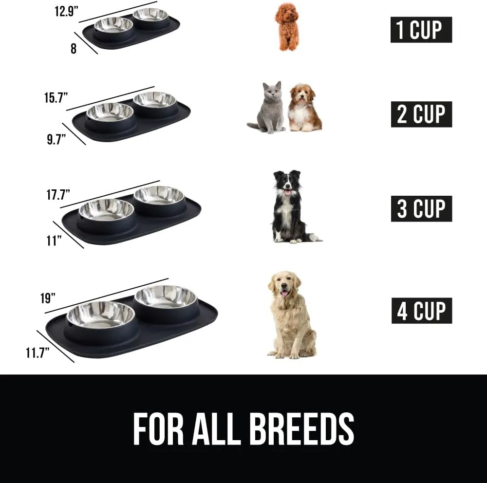GORILLA GRIP Patent Pending 100% Waterproof BPA Free 4 Cup Cat and Dog Bowls Silicone Feeding Mat Set, Stainless Steel Bowl Slip Resistant Raised Edges, Catch Water, Food, Pet Accessories, Black