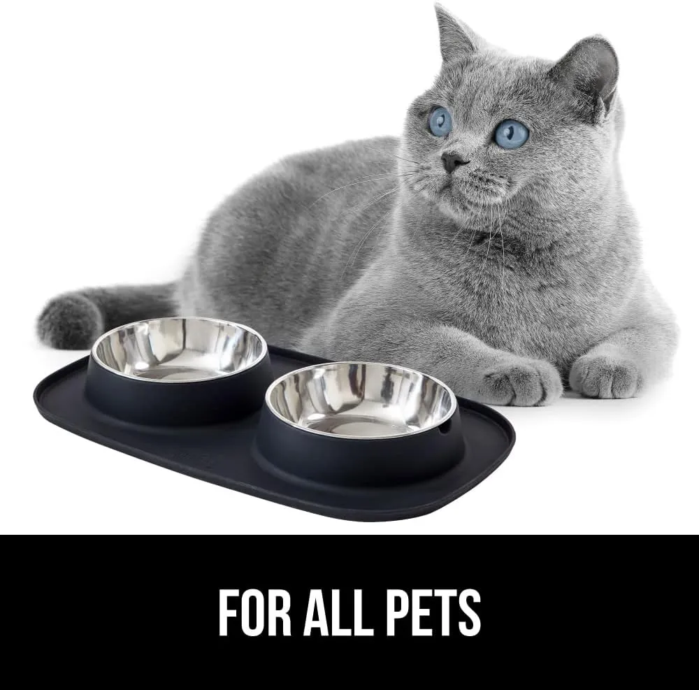 GORILLA GRIP Patent Pending 100% Waterproof BPA Free 4 Cup Cat and Dog Bowls Silicone Feeding Mat Set, Stainless Steel Bowl Slip Resistant Raised Edges, Catch Water, Food, Pet Accessories, Black