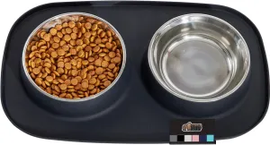 GORILLA GRIP Patent Pending 100% Waterproof BPA Free 4 Cup Cat and Dog Bowls Silicone Feeding Mat Set, Stainless Steel Bowl Slip Resistant Raised Edges, Catch Water, Food, Pet Accessories, Black