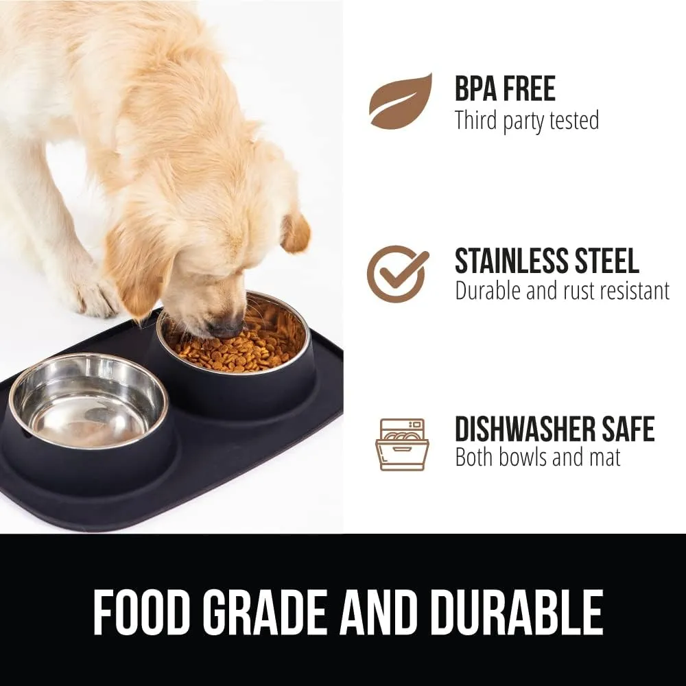 GORILLA GRIP Patent Pending 100% Waterproof BPA Free 4 Cup Cat and Dog Bowls Silicone Feeding Mat Set, Stainless Steel Bowl Slip Resistant Raised Edges, Catch Water, Food, Pet Accessories, Black