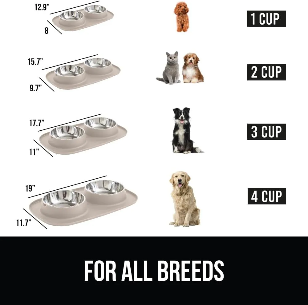 GORILLA GRIP Patent Pending 100% Waterproof BPA Free Cat and Dog Bowls Silicone Feeding Mat Set, Stainless Steel Bowl Slip Resistant Raised Edges, Catch Water, Food, Pet Accessories, 1 Cup, Beige