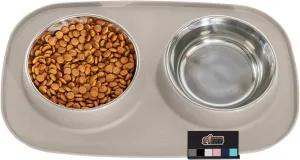 GORILLA GRIP Patent Pending 100% Waterproof BPA Free Cat and Dog Bowls Silicone Feeding Mat Set, Stainless Steel Bowl Slip Resistant Raised Edges, Catch Water, Food, Pet Accessories, 1 Cup, Beige
