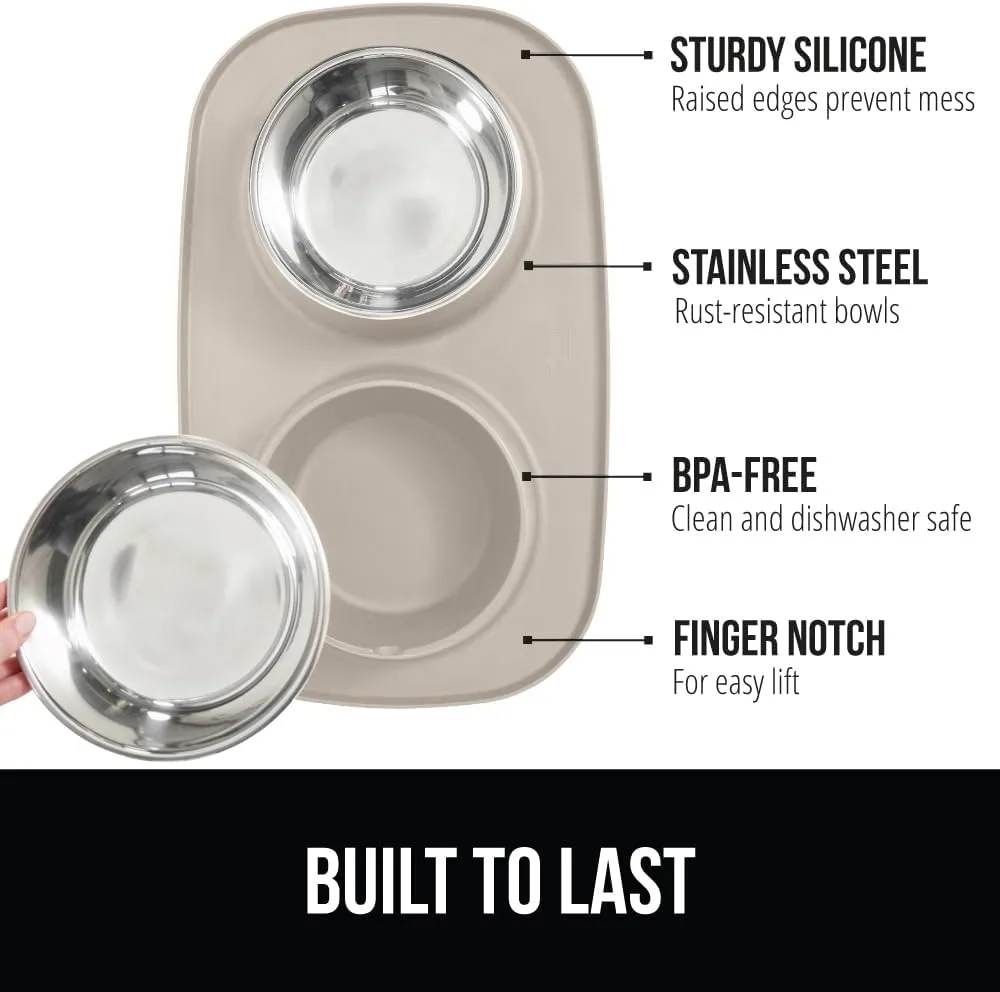 GORILLA GRIP Patent Pending 100% Waterproof BPA Free Cat and Dog Bowls Silicone Feeding Mat Set, Stainless Steel Bowl Slip Resistant Raised Edges, Catch Water, Food, Pet Accessories, 1 Cup, Beige