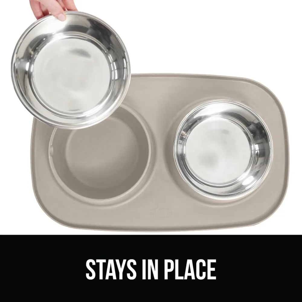 GORILLA GRIP Patent Pending 100% Waterproof BPA Free Cat and Dog Bowls Silicone Feeding Mat Set, Stainless Steel Bowl Slip Resistant Raised Edges, Catch Water, Food, Pet Accessories, 1 Cup, Beige