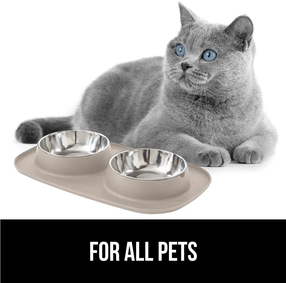 GORILLA GRIP Patent Pending 100% Waterproof BPA Free Cat and Dog Bowls Silicone Feeding Mat Set, Stainless Steel Bowl Slip Resistant Raised Edges, Catch Water, Food, Pet Accessories, 1 Cup, Beige