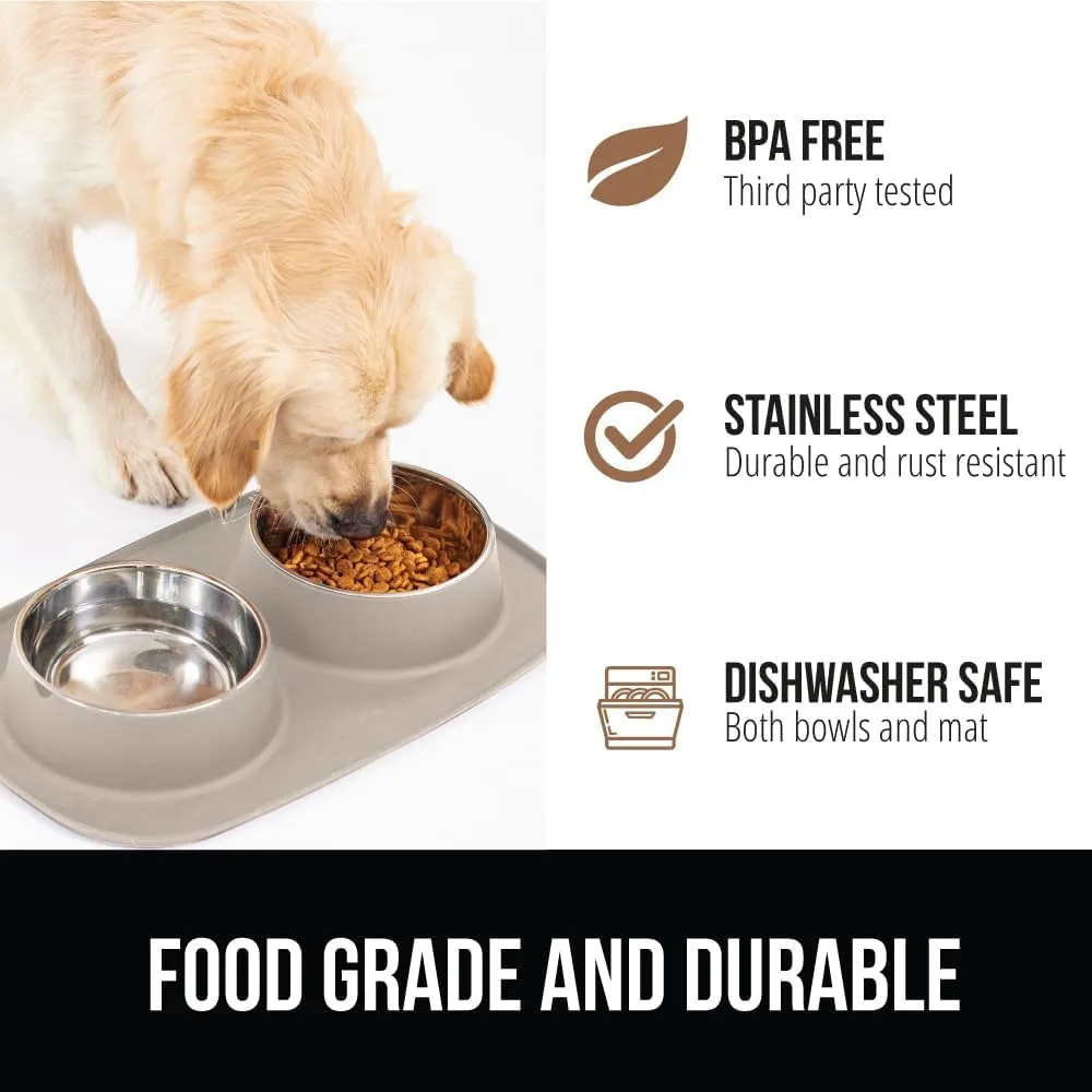 GORILLA GRIP Patent Pending 100% Waterproof BPA Free Cat and Dog Bowls Silicone Feeding Mat Set, Stainless Steel Bowl Slip Resistant Raised Edges, Catch Water, Food, Pet Accessories, 1 Cup, Beige