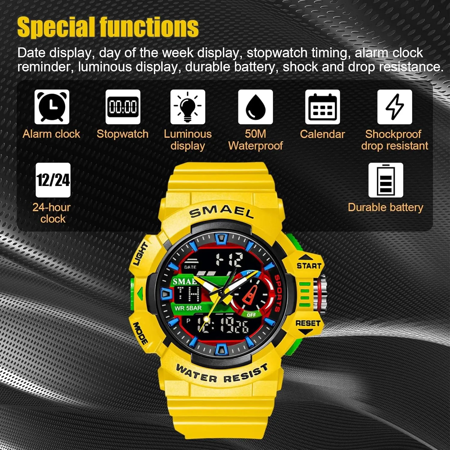 Gosasa Men's Large Face Outdoor Sports Watches Military S-Shock Watch Waterproof, Backlight, Alarm, Stopwatch Features - Rugged Wristwatch for Training, Hiking, and Adventure