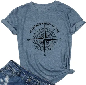 Graphic T-Shirts for Women Hiking Camping Trip Compass Printed Vintage Summer Casual Tees Holiday Workout Tops