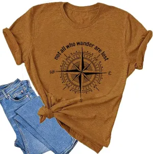 Graphic T-Shirts for Women Hiking Camping Trip Compass Printed Vintage Summer Casual Tees Holiday Workout Tops