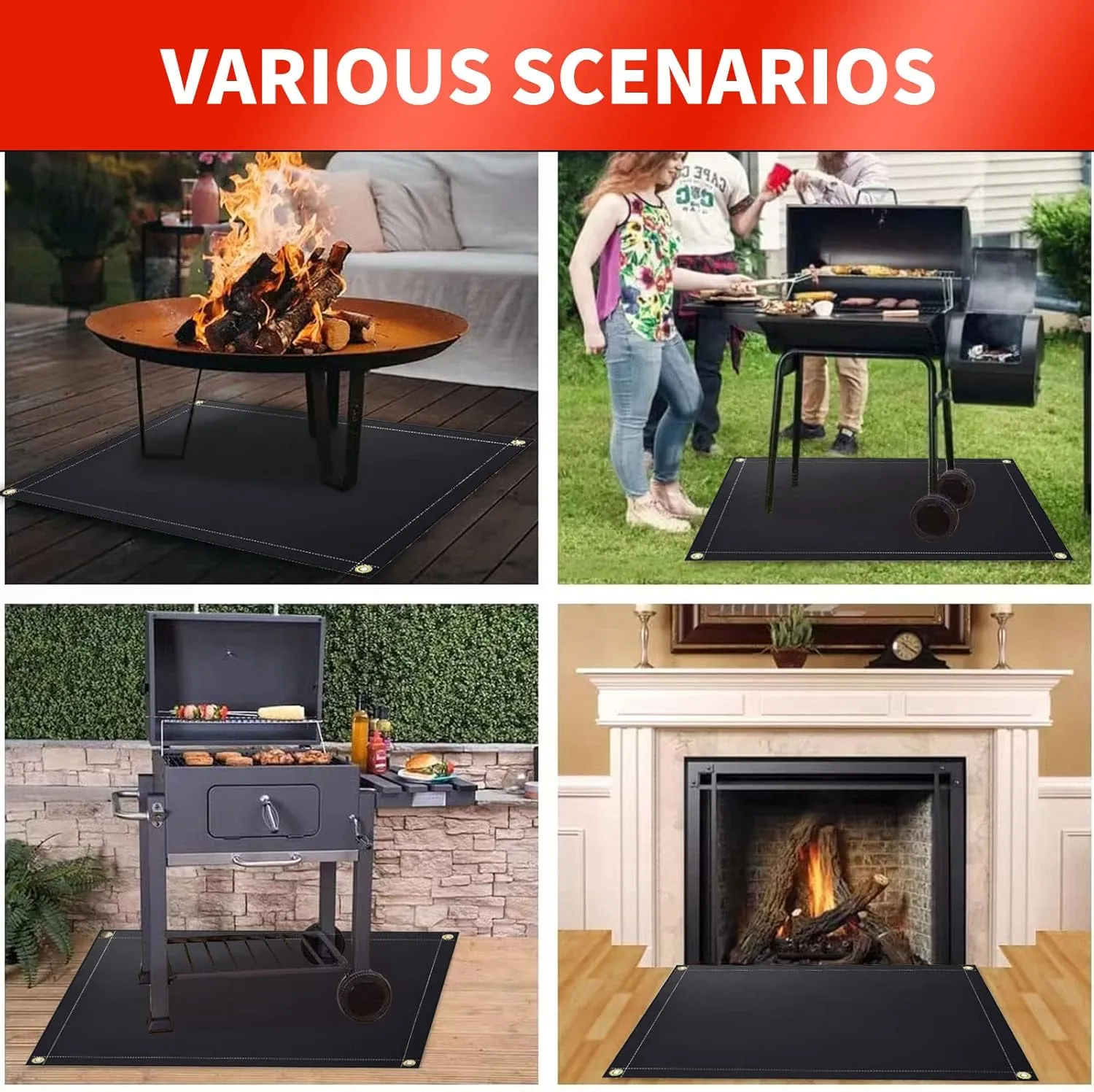 Grill Mat 48 × 36 Inch, Double-Sided Fireproof Grill Pad for Fire Pit, Oil-Proof Waterproof BBQ Grill Protector for Decks and Patios, Indoor Fireplace Mat