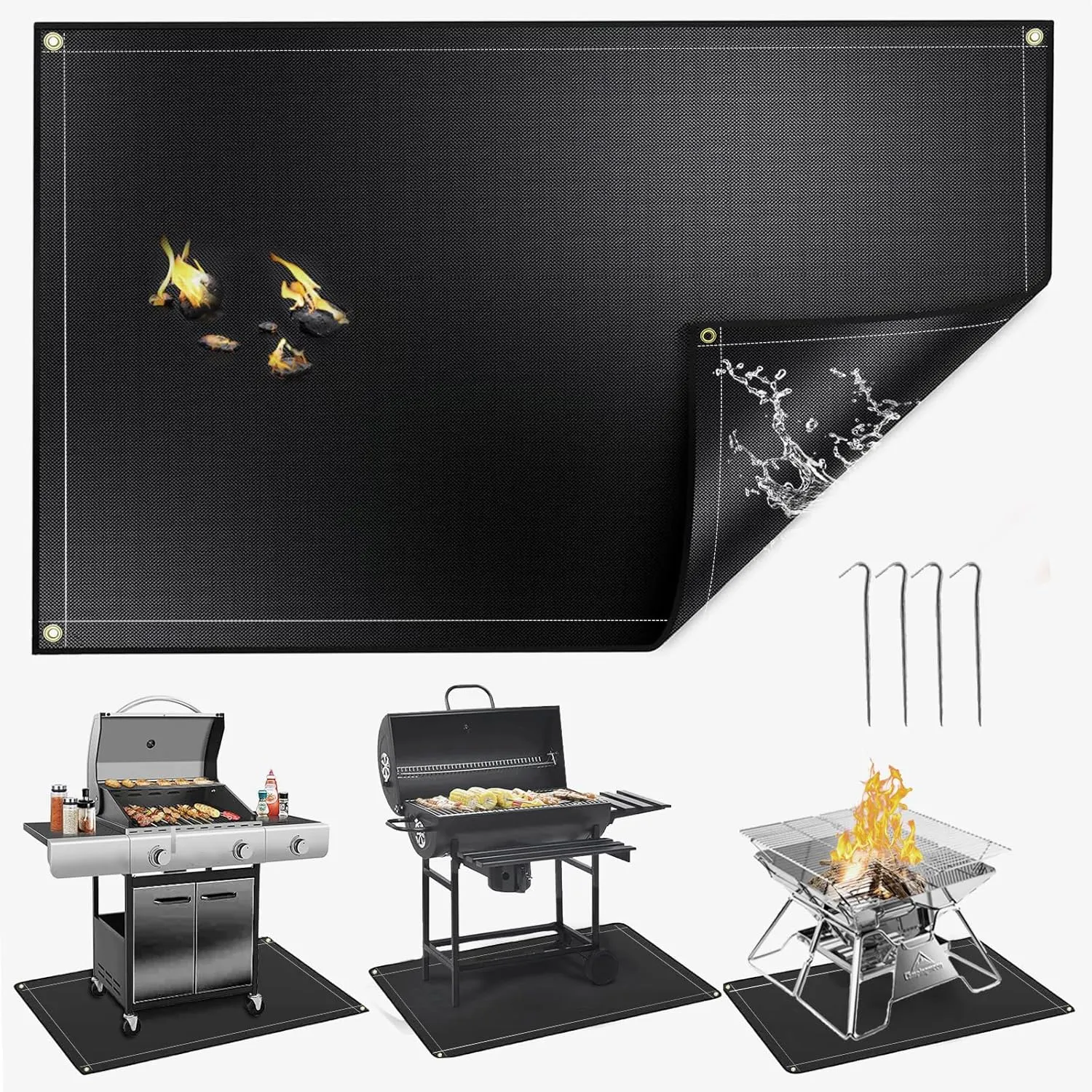 Grill Mat 48 × 36 Inch, Double-Sided Fireproof Grill Pad for Fire Pit, Oil-Proof Waterproof BBQ Grill Protector for Decks and Patios, Indoor Fireplace Mat