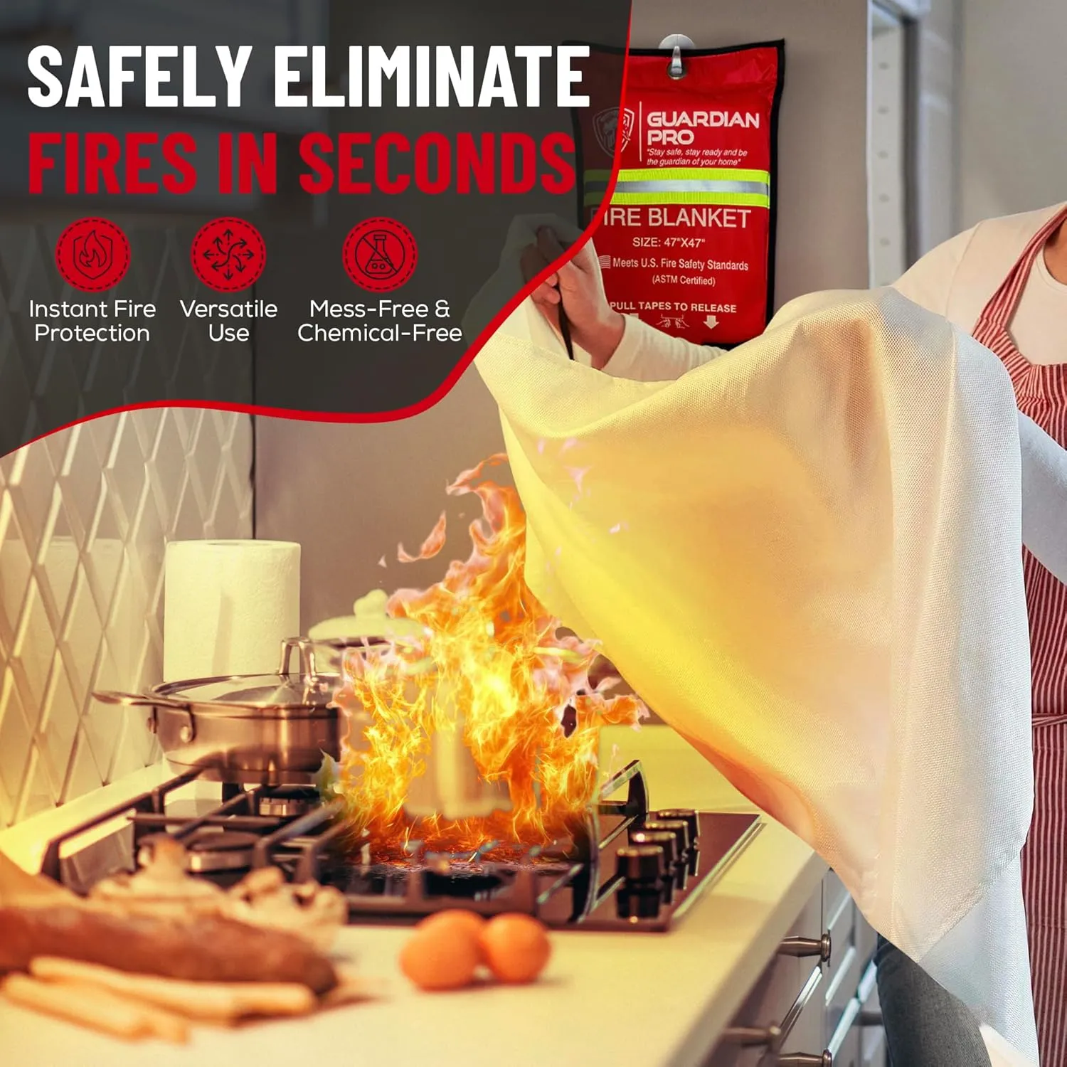 Guardian Pro New 2025 Emergency Fire Blanket for Home and Kitchen - 2 Pack Over 40"x40" Flame Suppression Fiberglass Fire Blankets for House Camping Car Office Warehouse Emergency Survival Safety