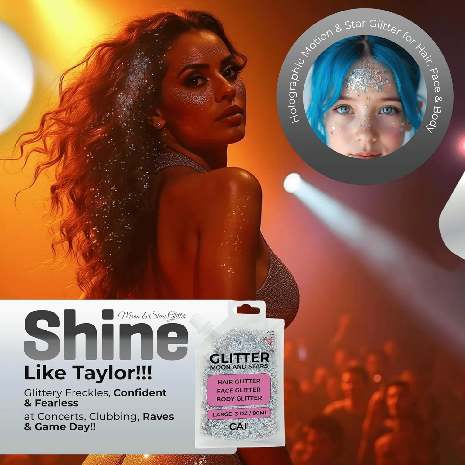Hair Glitter Gel Body Glitter & Face Glitter for Women/Kids (2 Pk Silver/Silver) Chunky Iridescent Holograph Stars & Moon 6 oz | Cosmetic-Grade Makeup Apply Without Glue Easy to Take Off & Clean