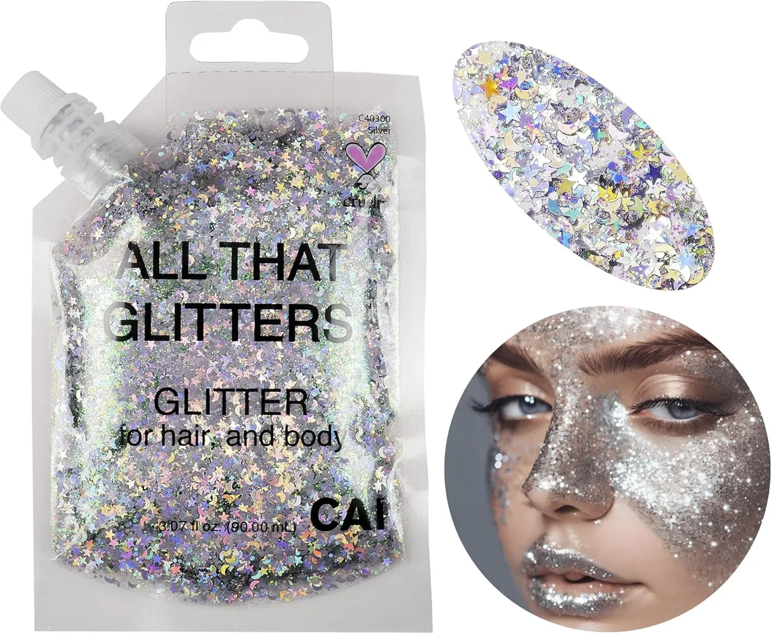 Hair Glitter Gel Body Glitter & Face Glitter for Women/Kids (2 Pk Silver/Silver) Chunky Iridescent Holograph Stars & Moon 6 oz | Cosmetic-Grade Makeup Apply Without Glue Easy to Take Off & Clean