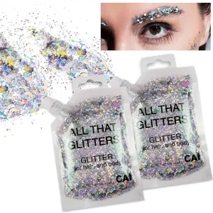 Hair Glitter Gel Body Glitter & Face Glitter for Women/Kids (2 Pk Silver/Silver) Chunky Iridescent Holograph Stars & Moon 6 oz | Cosmetic-Grade Makeup Apply Without Glue Easy to Take Off & Clean