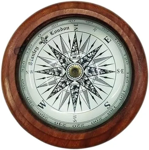 Half Moon Optical Illusion Desk Paper Weight Compass Wooden Solid Lens Nautical Home Decor, Brown