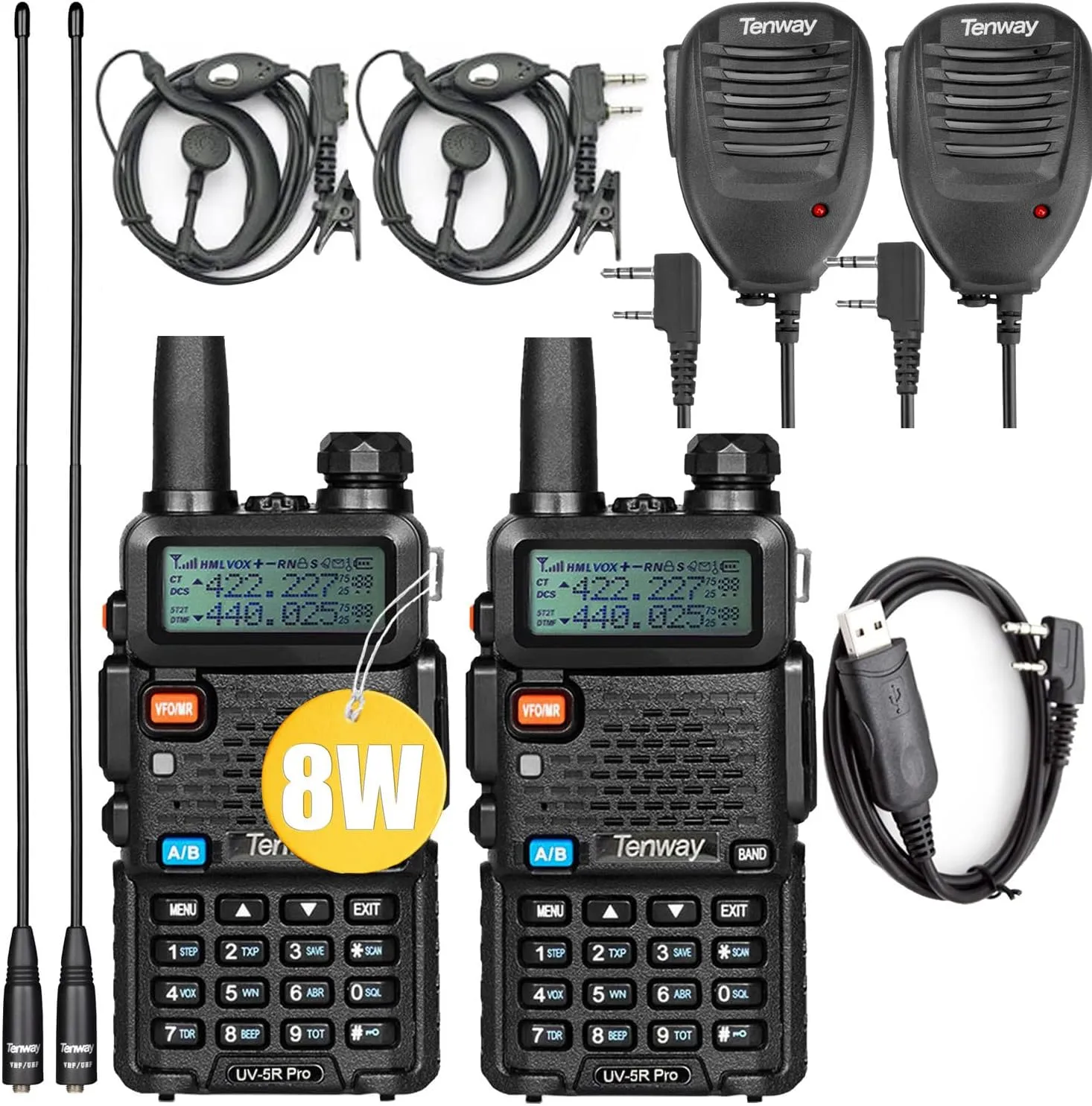 Ham Radio UV-5R Pro 8W Dual Band Two Way Radio with Handheld Speaker Mic and Antenna 2Pack and Programming Cable