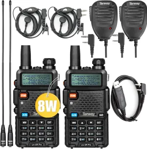 Ham Radio UV-5R Pro 8W Dual Band Two Way Radio with Handheld Speaker Mic and Antenna 2Pack and Programming Cable