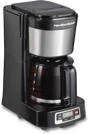 Hamilton Beach 5 Cup Drip Coffee Maker with Easy FrontFill Basket, Compact Design, Programmable Clock, Glass Carafe, Auto Pause and Pour, Black & Stainless Steel (46111)