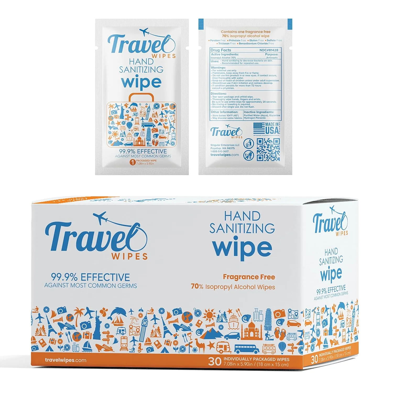 HAND SANITIZING Individually Packed Premium Hand Sanitizing Wipes for Travel, Home, Office, School, etc. with Moisturizer - Manufactured in USA (Fragrance-Free 30ct Box)