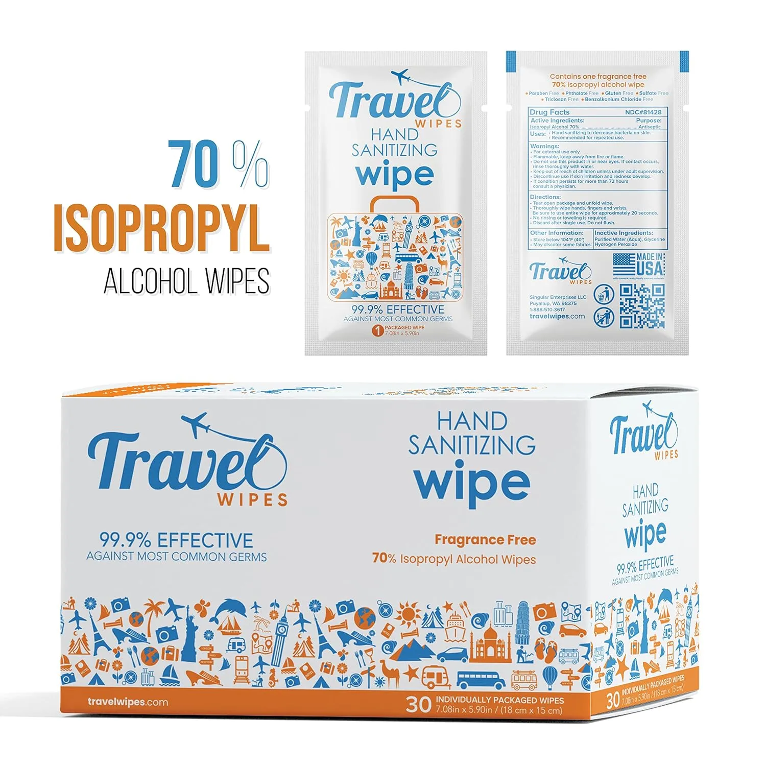 HAND SANITIZING Individually Packed Premium Hand Sanitizing Wipes for Travel, Home, Office, School, etc. with Moisturizer - Manufactured in USA (Fragrance-Free 30ct Box)