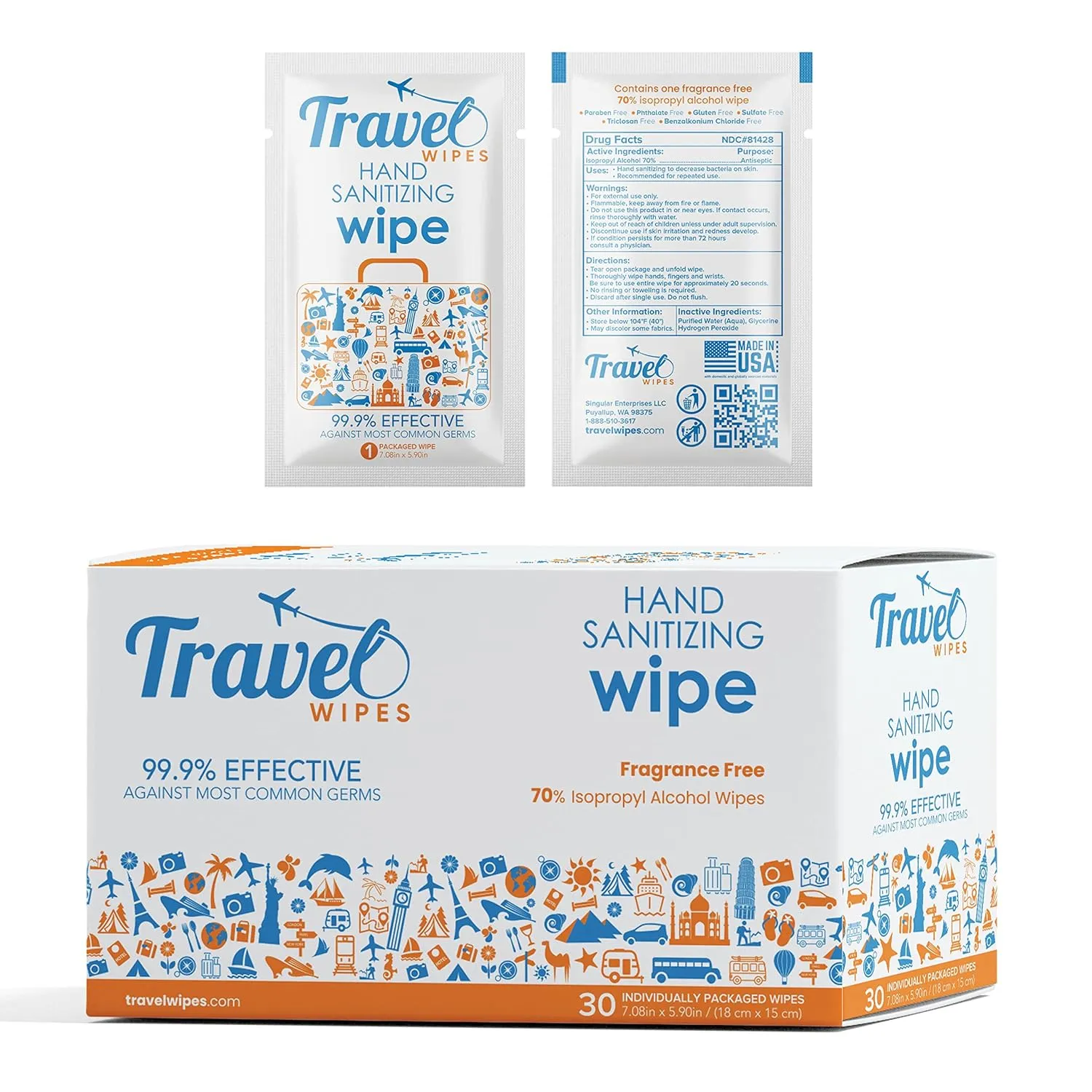 HAND SANITIZING Individually Packed Premium Hand Sanitizing Wipes for Travel, Home, Office, School, etc. with Moisturizer - Manufactured in USA (Fragrance-Free 30ct Box)
