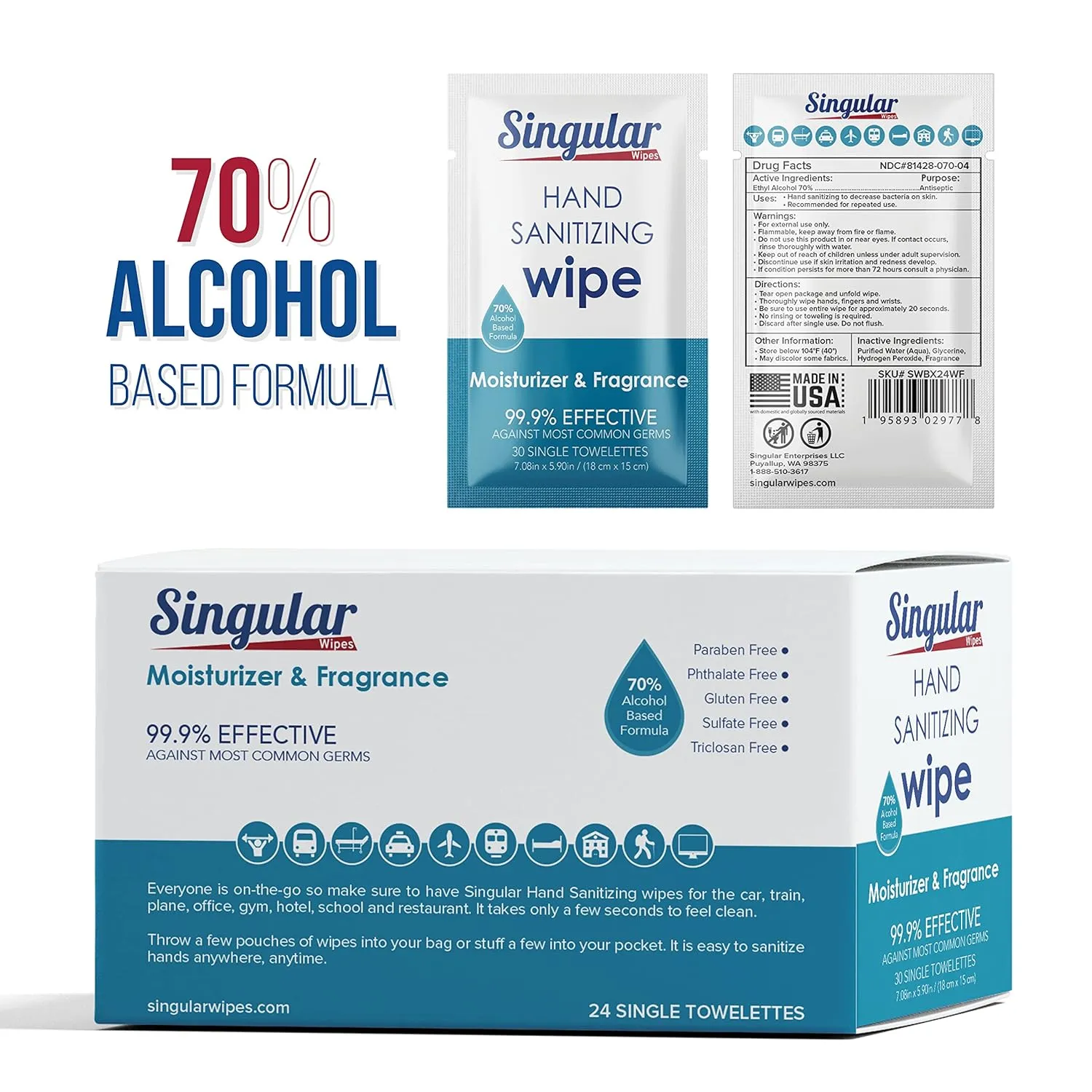 Hand Sanitizing Wipes Travel Size by Singular Wipes - Hand Sanitizer Wipes Individually Wrapped with Fresh Citrus Fragrance & Moisturizer for Travel, Office, School, and Daily Activities - (24ct Box)
