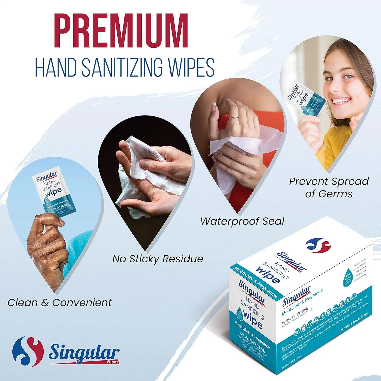 Hand Sanitizing Wipes Travel Size by Singular Wipes - Hand Sanitizer Wipes Individually Wrapped with Fresh Citrus Fragrance & Moisturizer for Travel, Office, School, and Daily Activities - (24ct Box)