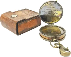 Handcrafted Antique Scout Compass Brass Pocket Navigational Tool Compass with Oath Leather Case for Camping & Hiking Use