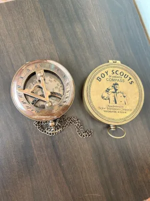Handcrafted Antique Style Sundial Compass Brass Pocket Navigational Tool Boy Scouts Compass for Camping & Hiking Use Set of 2