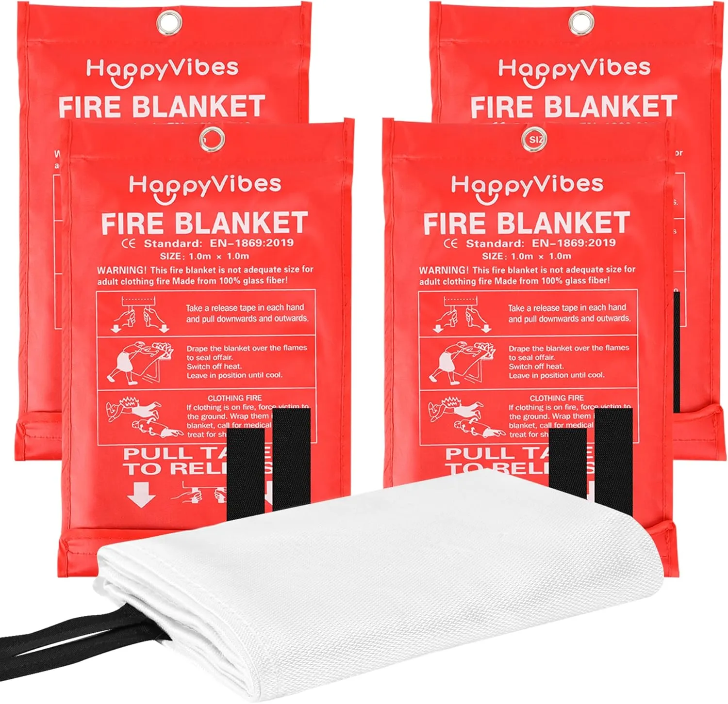 HappyVibes Emergency Fire Blanket for Home - 4 Pack Fiberglass Fire Extinguishing Blanket 40x40 Inches - Fire Blankets Emergency for Home, Kitchen, School, Office, Car, and Grill (Pack of 4)