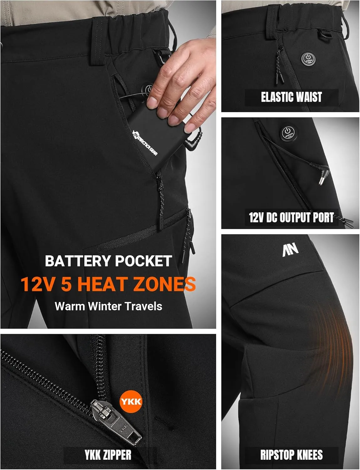 Heated Pants for Men, with 12V/20000mAh Battery, 5-Zone Heating Softshell Outdoor Trousers Hiking Pants