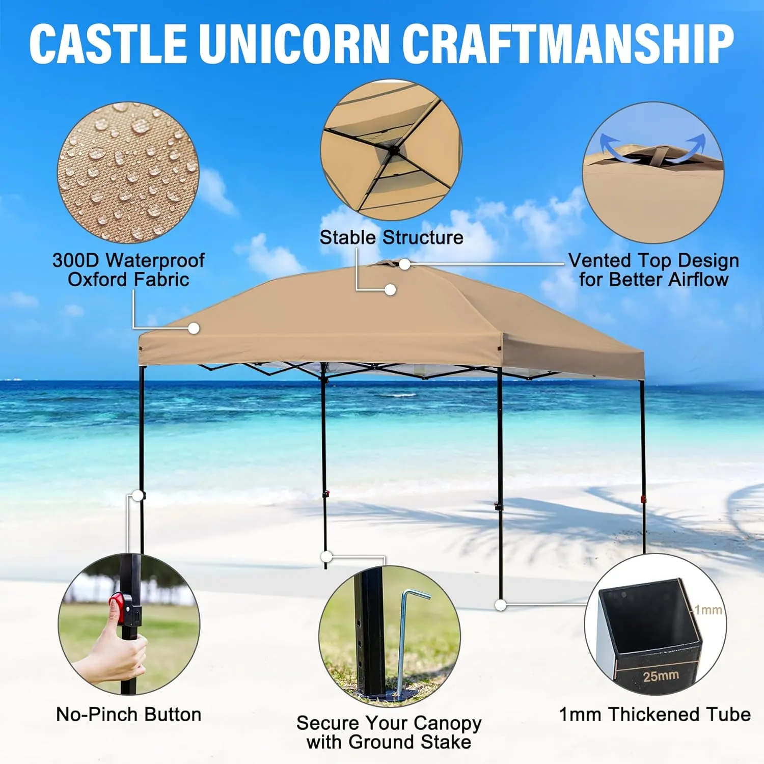 Heavy Duty Pop-Up Canopy Tent, 10x10 Outdoor Canopies, Instant Portable Shelter w/Wheeled Bag, 8 Stakes, UPF50  300D Silver Coated, Khaki