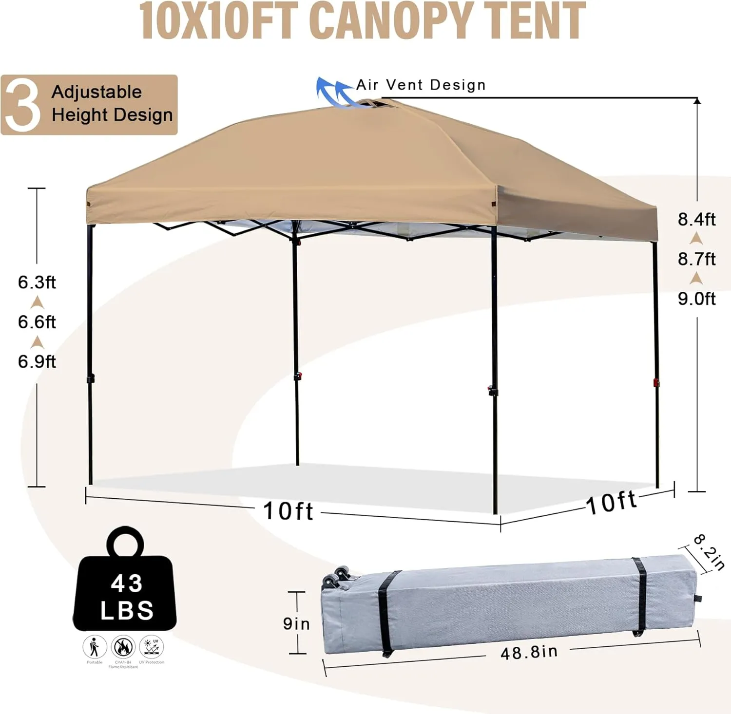 Heavy Duty Pop-Up Canopy Tent, 10x10 Outdoor Canopies, Instant Portable Shelter w/Wheeled Bag, 8 Stakes, UPF50  300D Silver Coated, Khaki