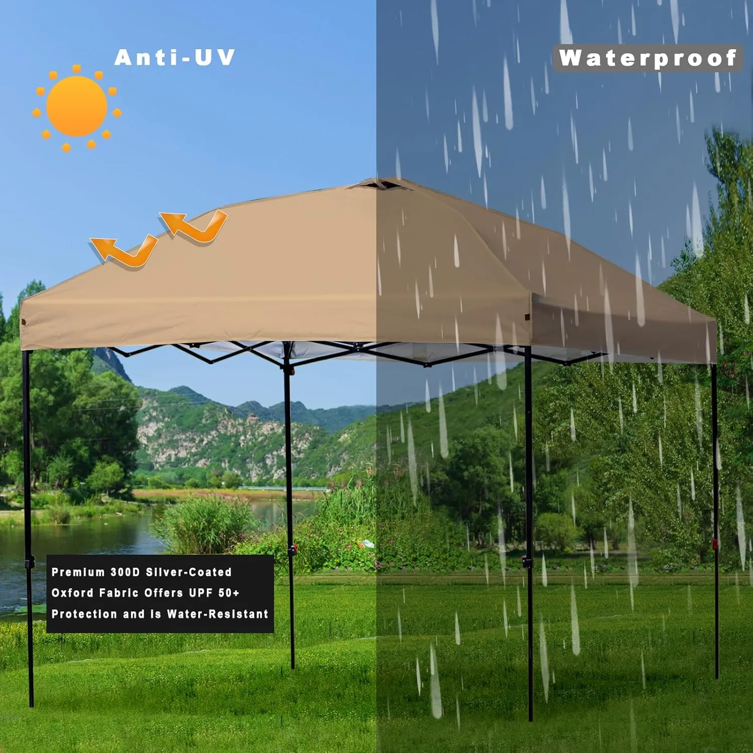 Heavy Duty Pop-Up Canopy Tent, 10x10 Outdoor Canopies, Instant Portable Shelter w/Wheeled Bag, 8 Stakes, UPF50  300D Silver Coated, Khaki