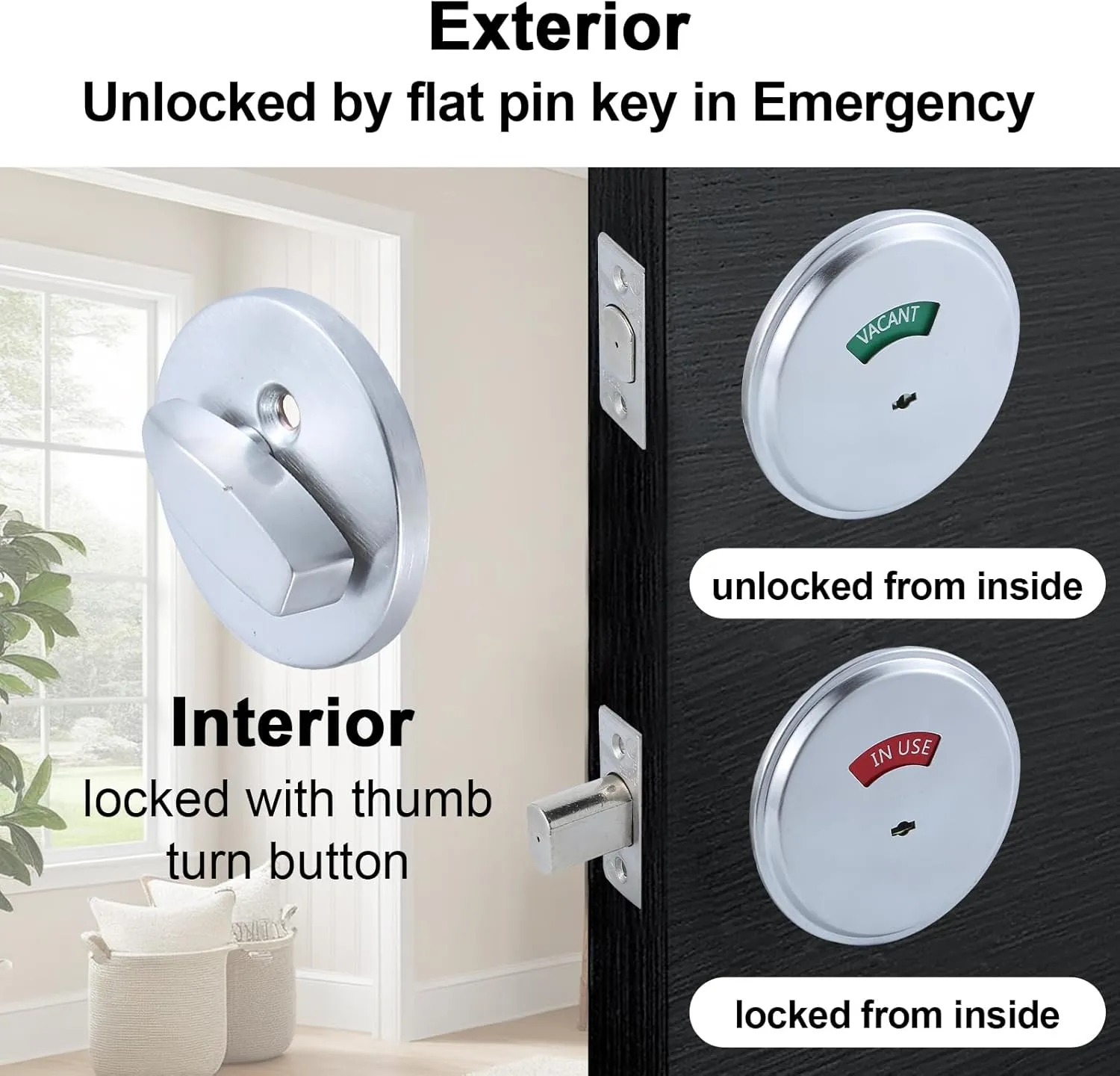 Heavy Duty Privacy Deadbolt Cylinder with Occupancy Indicator for Commercial Use in Satin Chrome Finish, Left and Right Handed, GRD2-Deadbolt-1P