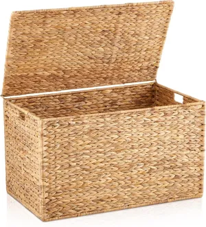 Heavy Duty Water Hyacinth Wicker Storage Trunk with Lid, 30 x 17. 7 x 17. 7'' Collapsible Wicker Storage Trunk with Handles and Metal Frame Large Blanket Basket for Bedroom Office, Natural