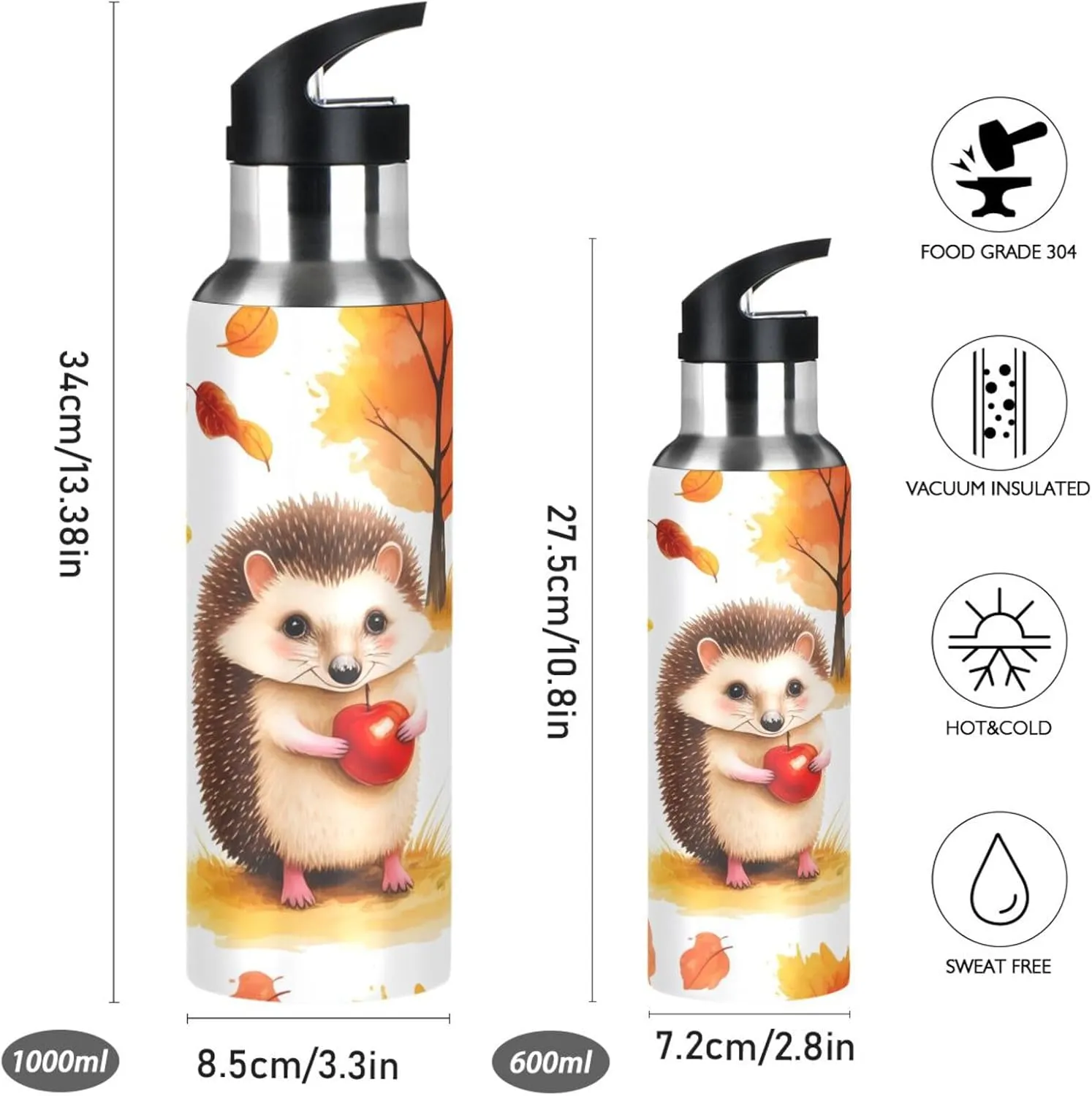 Hedgehogs Sports Water Bottle with Straw, 22oz BPA Free Stainless Steel Vacuum Insulated Bottle for Gym Fitness Outdoor