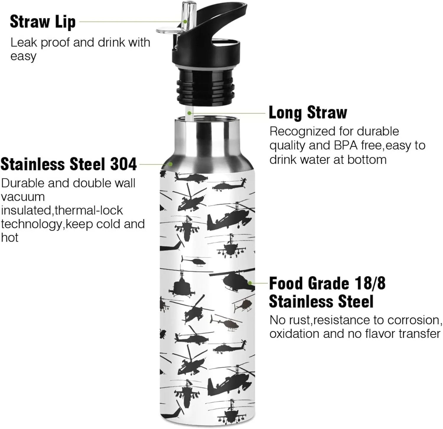 Helicopter Stainless Steel Water Bottle with Straw Lid - 20 Oz Sports Insulated Water Bottle Thermos for Sport Gym Outdoor Travel School